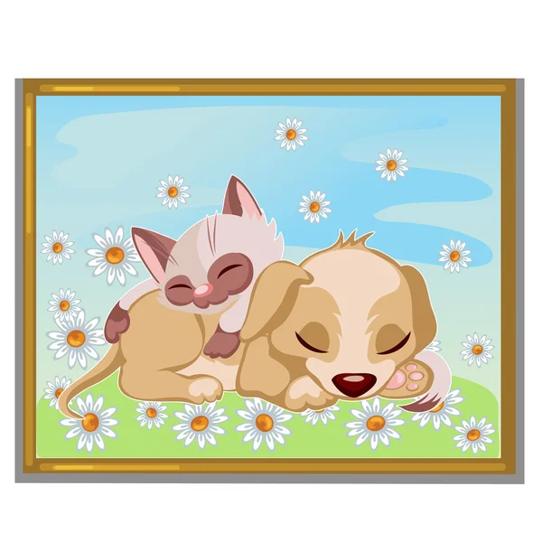 Picture of cute kitten sleeping on a puppy — Stock Vector