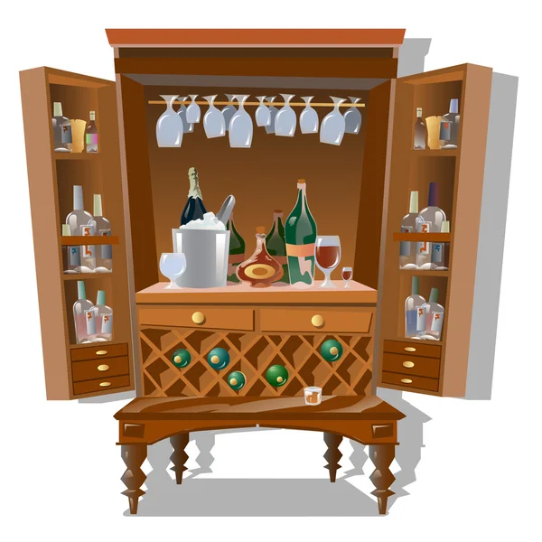 Large cabinet bar with bottles and kitchenware — Stock Vector