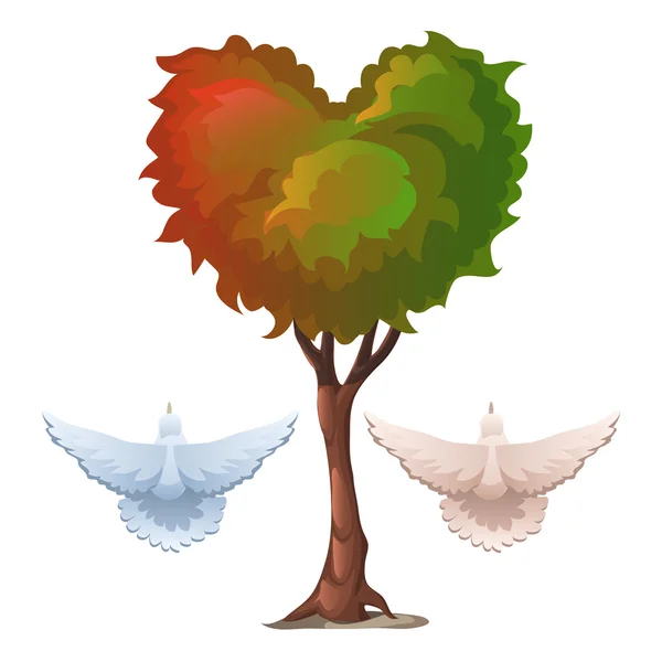 Ağaç yaprakları kalp ve güvercin şeklinde ile — Stok Vektör