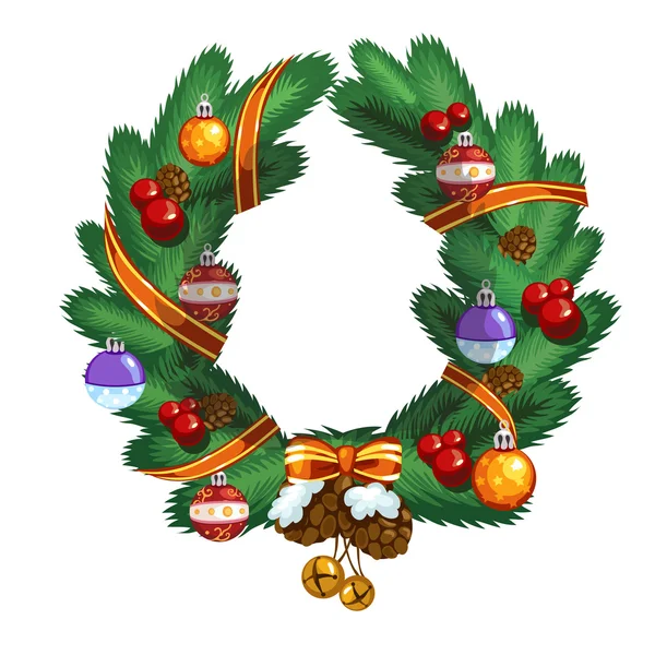 Christmas wreath with ball, pinecone and ribbon — Stock Vector