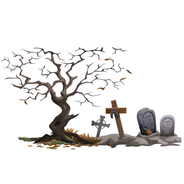 Árvore morta seca e cemitério com sepulturas — Vetor de Stock