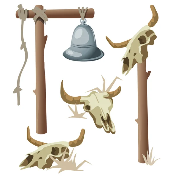 Hanging bell and three bull skulls — Stock Vector