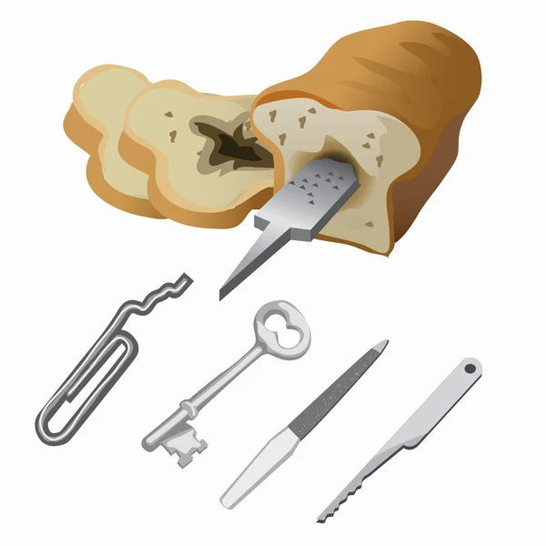 Thieves tools hidden in bread, five items — Stock Vector