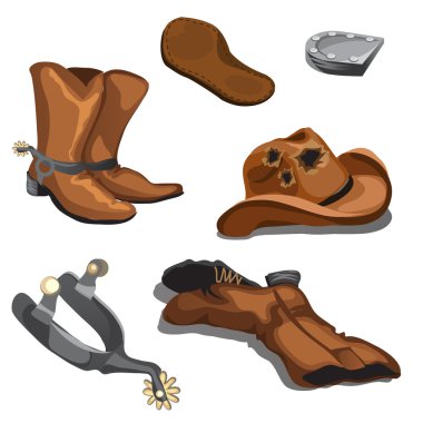 Ripped worn cowboy boots, hat and spurs clipart