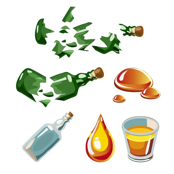 Bouteille cassée, goutte, alcool, verre isolé — Image vectorielle