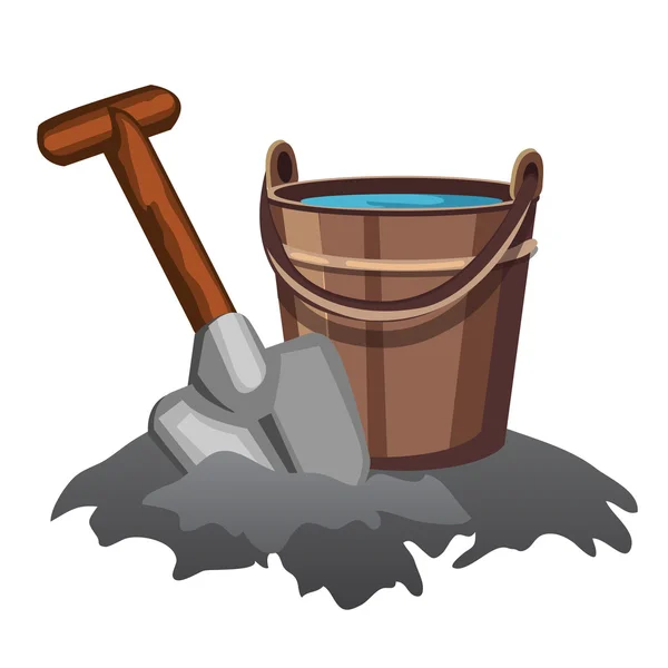 Bucket of water and shovel in the ground — Stock Vector