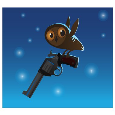 Little cute owl stole the big gun, blue background clipart