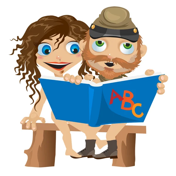 Hombre y mujer desnudos leyendo un libro. Tarjeta divertida — Archivo Imágenes Vectoriales