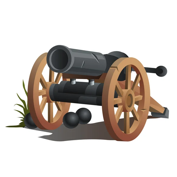 Cannon on wooden wheels and black cannonballs — Stock Vector