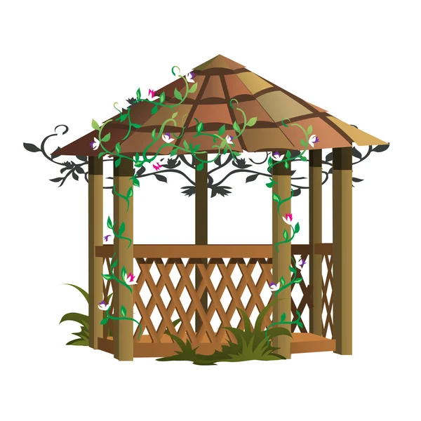 Gazebo de madeira acolhedor com flores, decoração da paisagem —  Vetores de Stock