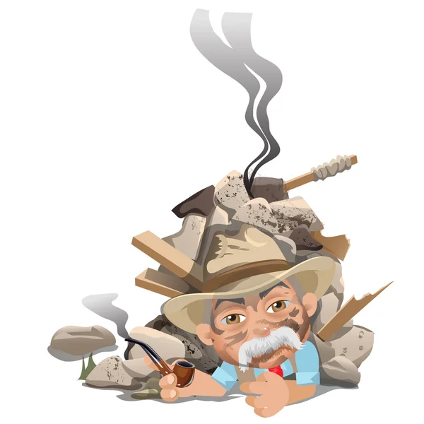 Old smoking man in hat under rubble of house — Stock Vector