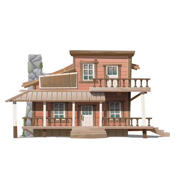 Two-storey wooden cottage with stone chimney — Stock Vector