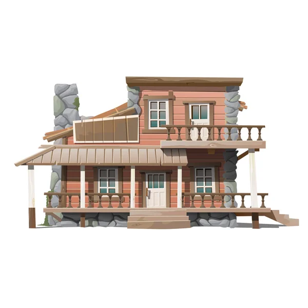 Casa de campo de madeira de dois andares com decoração de fachada de pedra —  Vetores de Stock