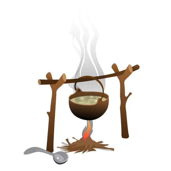 Camping turístico, hoguera y olla de comida elaborada — Vector de stock