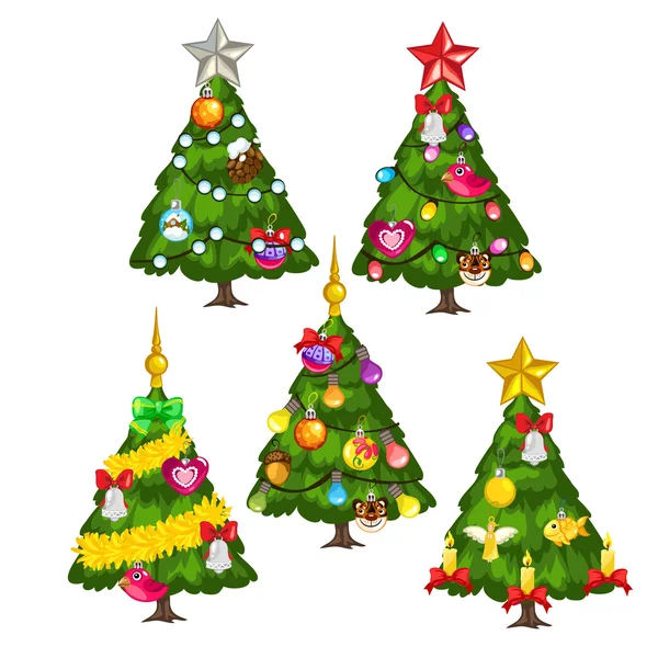 Cinco verdes árboles de Navidad sobre fondo blanco — Archivo Imágenes Vectoriales