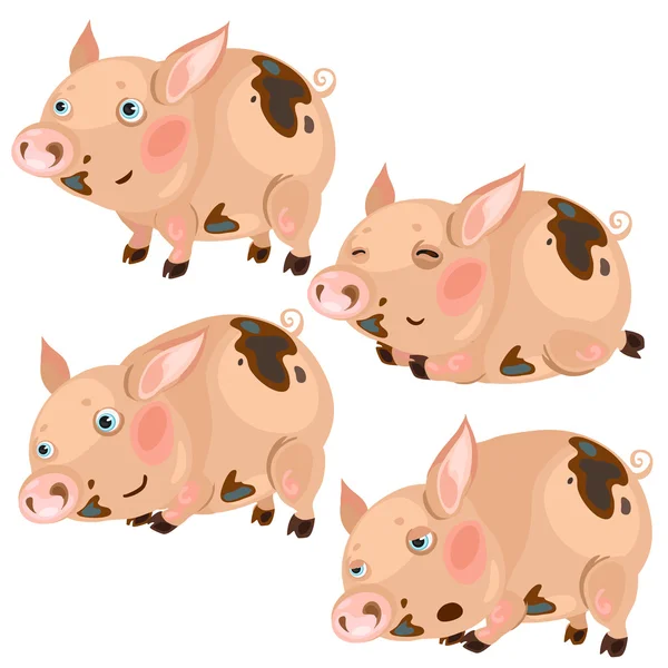 Cartoon pink pigs in four poses, vector animal — Stock Vector