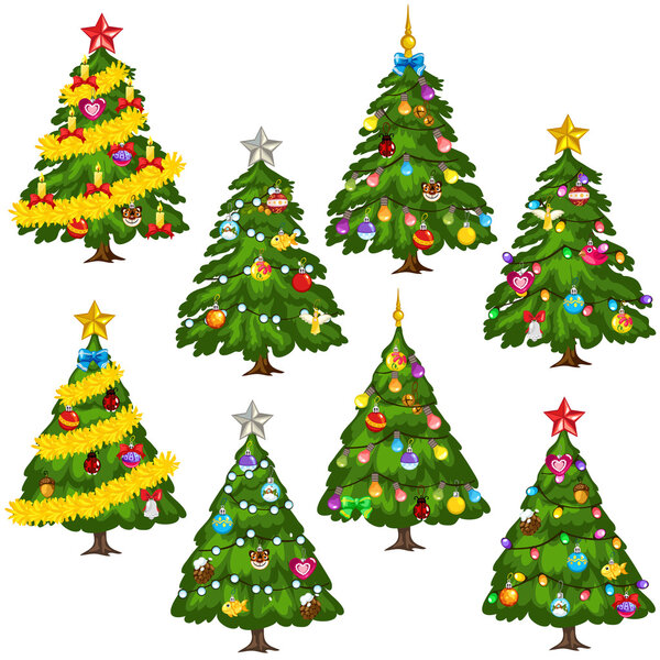 Big set green Christmas trees on white background