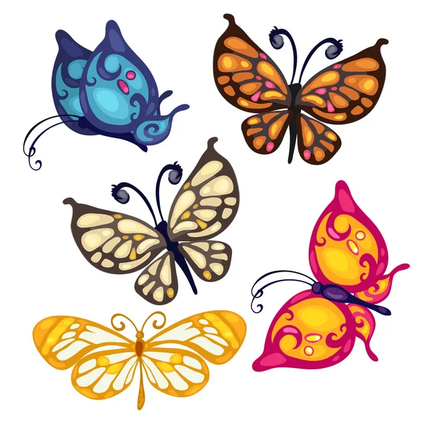 Five colorful beautiful butterfly, vector insect — Stock Vector