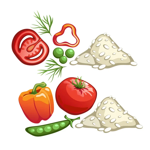 Ingredientes para cocinar arroz con verduras — Vector de stock