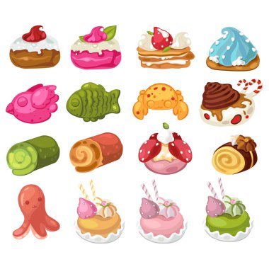 Tatlılar ve tatlılar Dekoratif simgeler kümesi vektör