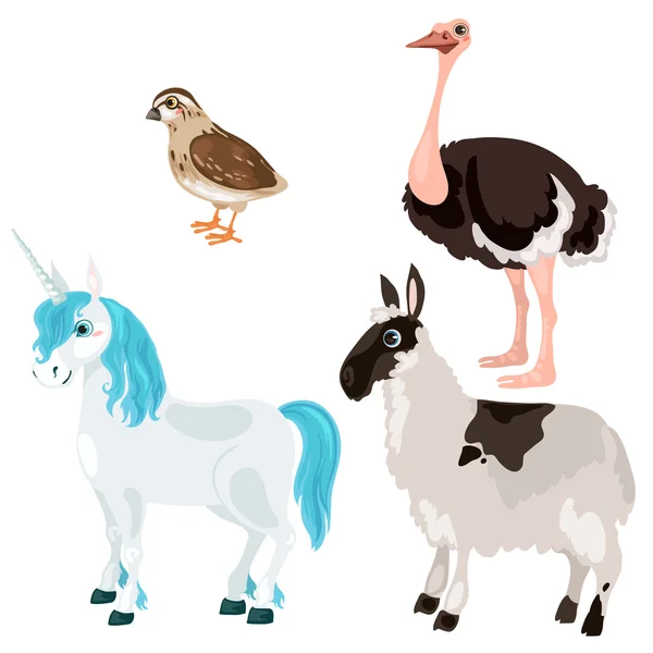 Jednorožec, pštros, jelen a ptáček, vektorové — Stockový vektor