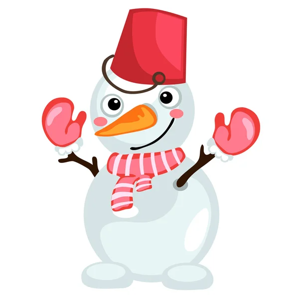 Cartoon snowman with bucket on head and scarf — Stock Vector