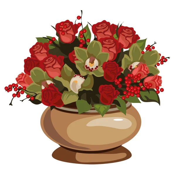 Beau bouquet de roses rouges avec décor en vase — Image vectorielle