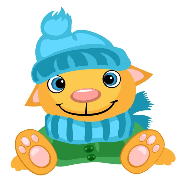 Lindo perro en sombrero de invierno, bufanda y chaqueta — Vector de stock