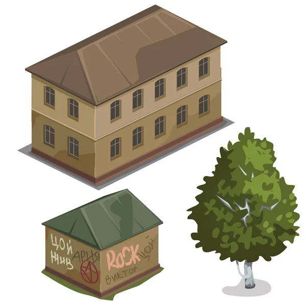 Dos casa clásica y un árbol verde, ciudad vectorial — Archivo Imágenes Vectoriales