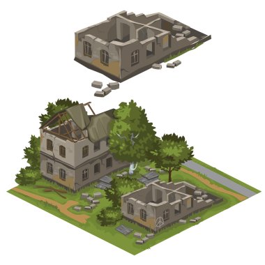 Several destroyed buildings and trees, vector city clipart