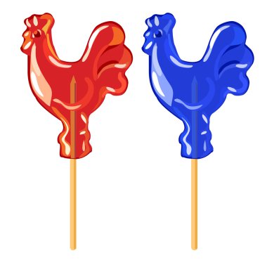 İki lezzetli lolipop, kırmızı ve mavi horoz