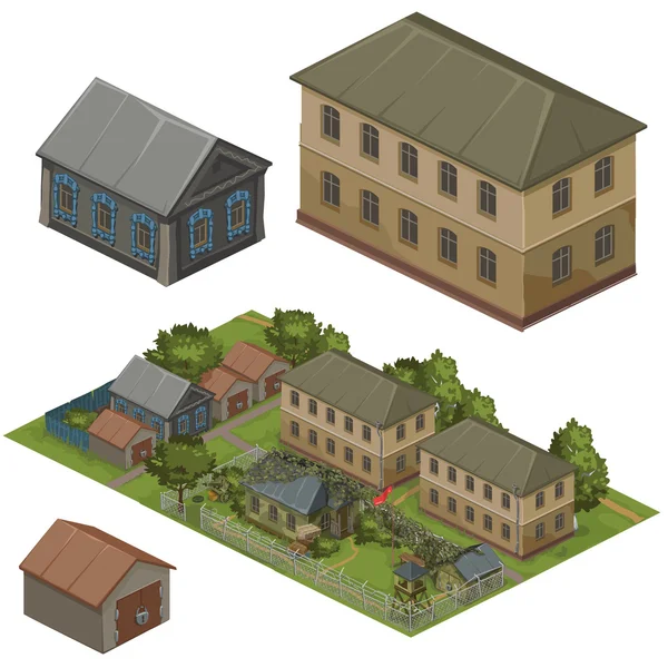Дерев'яні будинки на зеленій вулиці, векторне місто — стоковий вектор