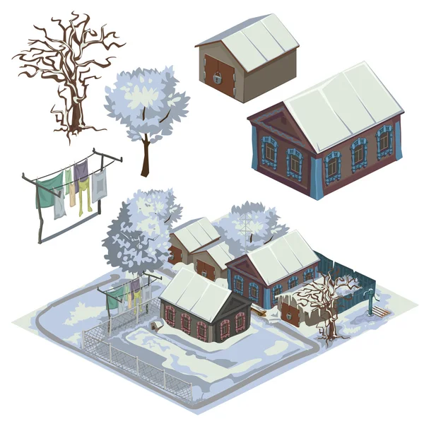 Paisagem de inverno com várias casas cobertas de neve —  Vetores de Stock