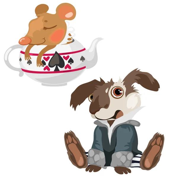 Geschockter Hund und schlafende Maus in Teekanne — Stockvektor