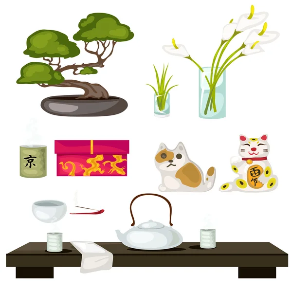 Símbolos orientais e Feng Shui, cerimônia do chá — Vetor de Stock
