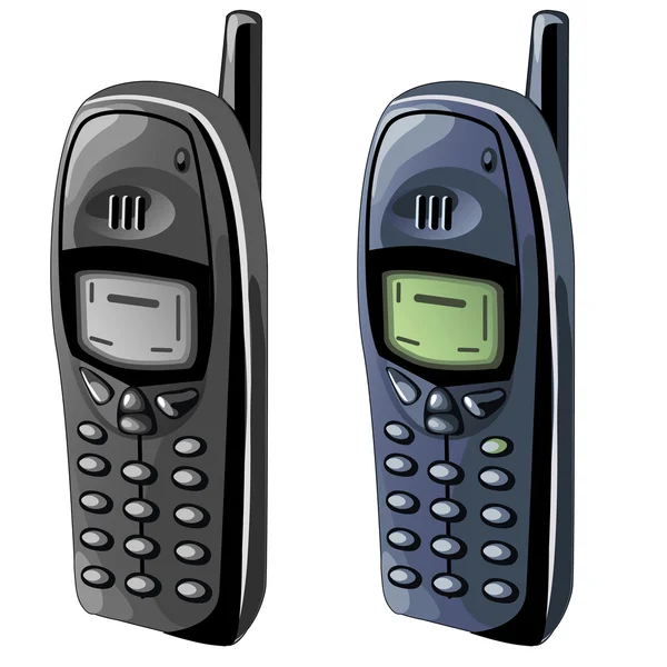 Dos viejos teléfonos celulares con pantallas monocromáticas — Vector de stock