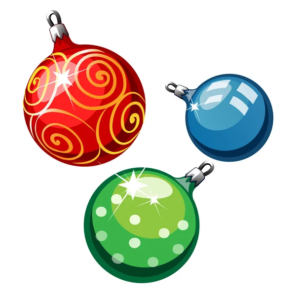 Drie ballen op de kerstboom, rood, blauw en groen — Stockvector