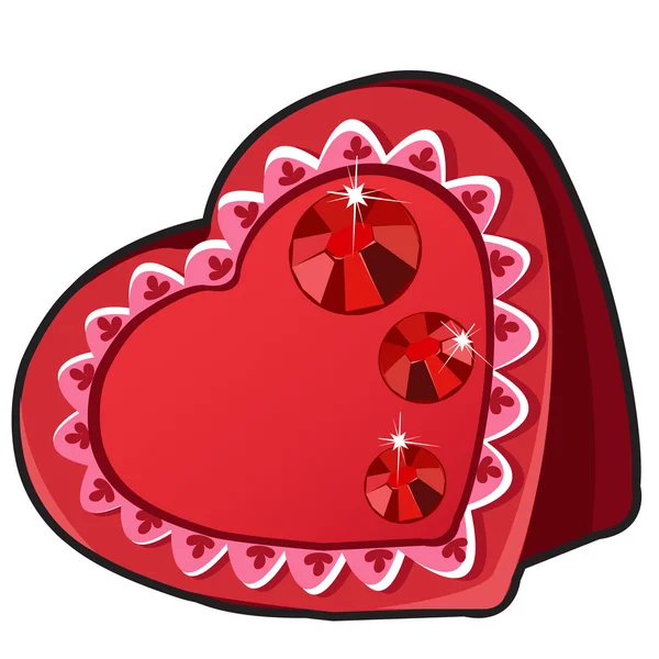 Röda rutan i hjärta form med ruby juveler — Stock vektor