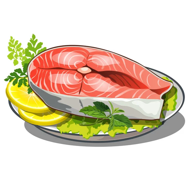 Delicious steak of red fish with salad and lemon — Stock Illustration Delicious steak of red fish with salad and lemon Stock Vector