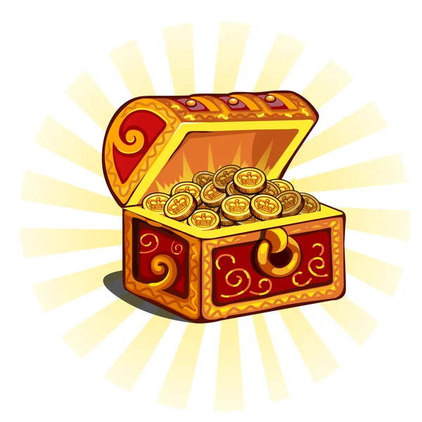 Красный светящийся сундук с золотыми монетами — стоковый вектор