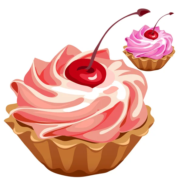 Delicious pink cupcake with cherry, vector desert — Stock Vector