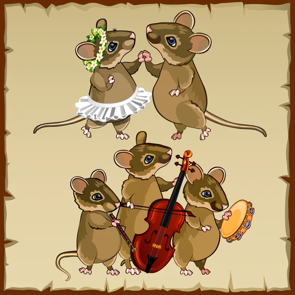 Набор танцующих мышей и музыкантов — стоковый вектор