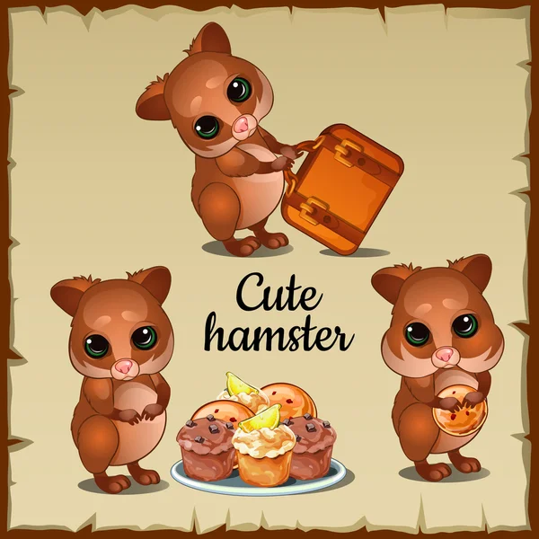 Drie cute funny hamster en lekker eten — Stockvector