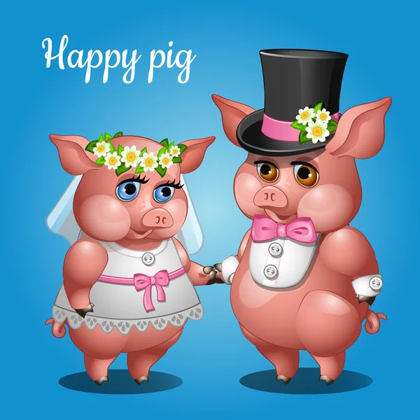 Şirin çift domuzlarda takım elbise, gelin ve damat — Stok Vektör