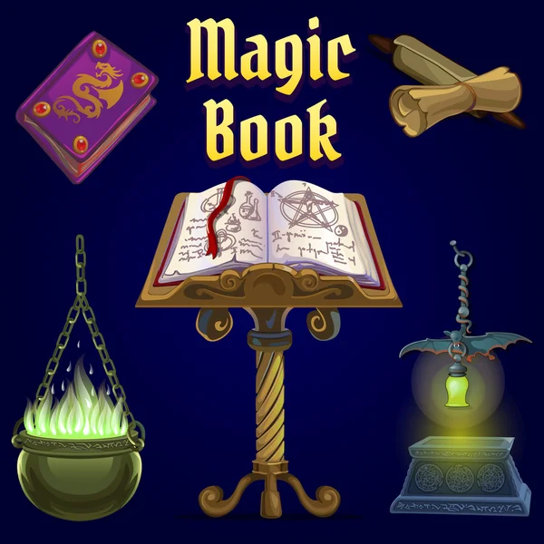 魔法の本を開くとおとぎ話の要素のセット — ストックベクタ