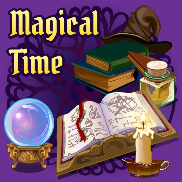Magie met oude boek, kaars en andere elementen instellen — Stockvector