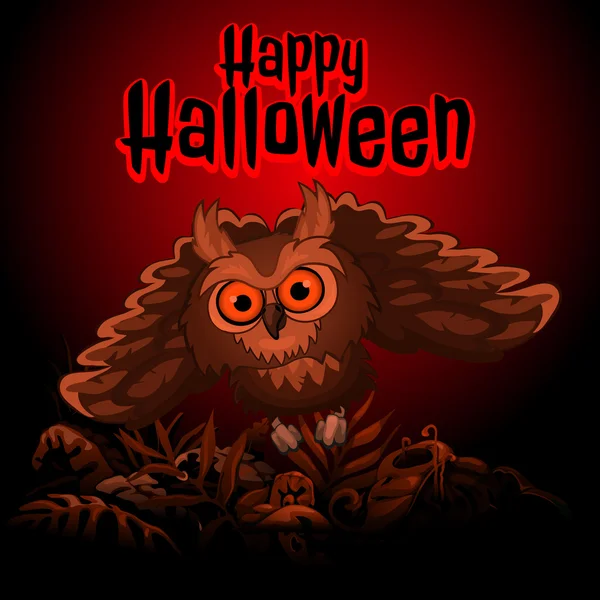 Búho sobre un fondo rojo con texto Feliz Halloween — Vector de stock