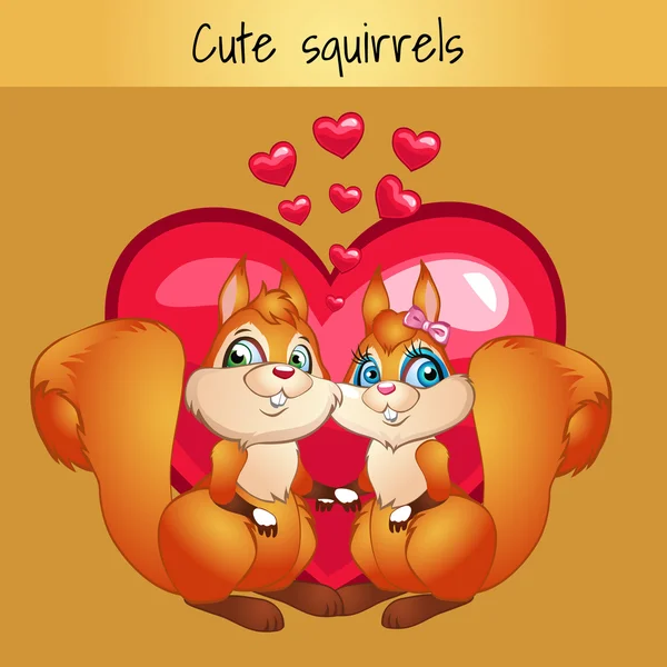 Two squirrels in love on the hearts background — Stock Vector