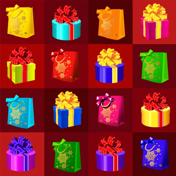 Conjunto de cajas y bolsas de regalo sobre fondo rojo — Archivo Imágenes Vectoriales