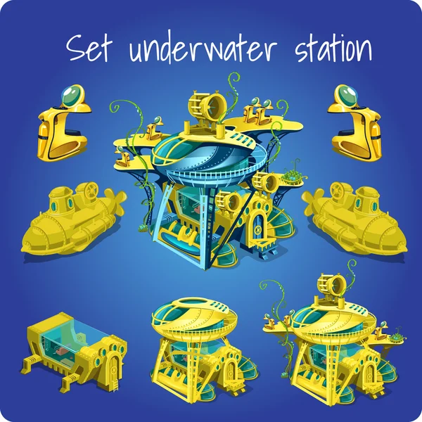 Set estación bajo el agua, submarino, motocicleta — Vector de stock